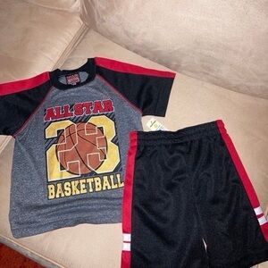 All-Star Kids Basketball Tee and Shorts Set. Gray, Red, and Gold